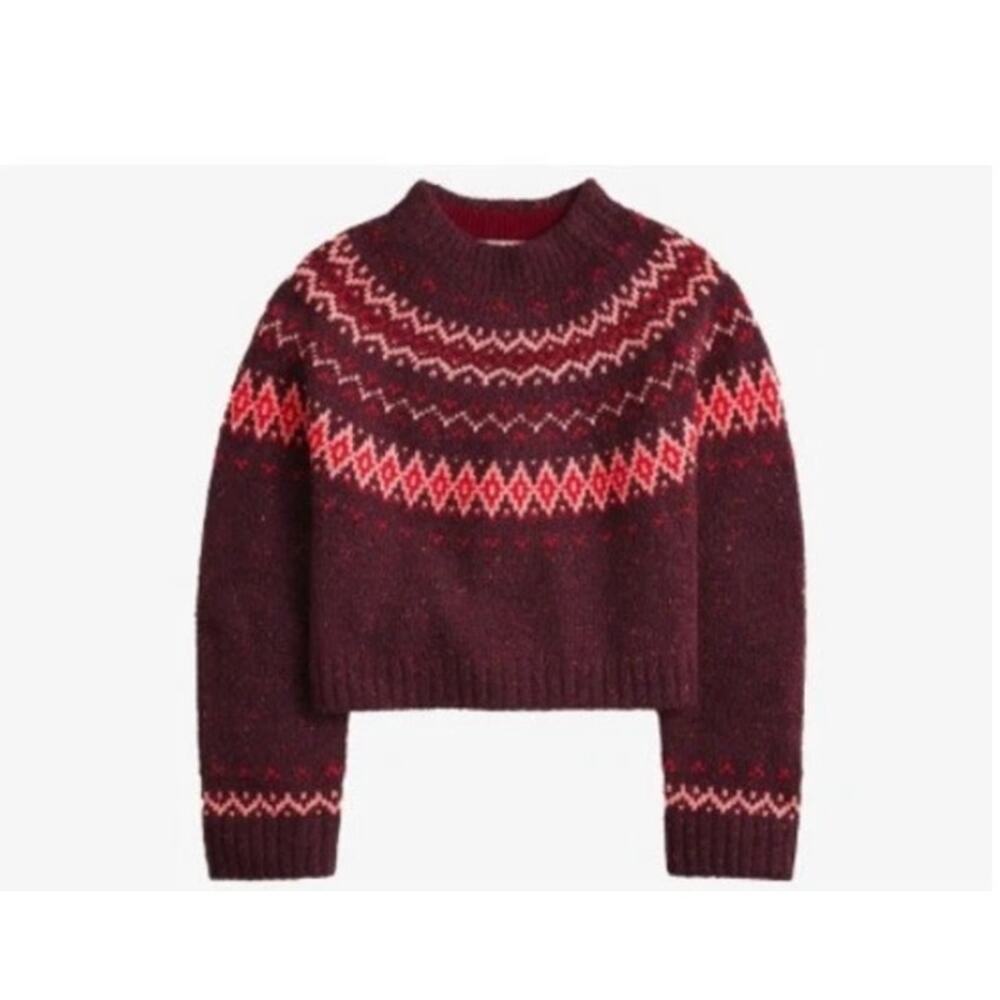 J. Crew Fair Isle Mock Neck Cropped Sweater Medium New Wool Blend